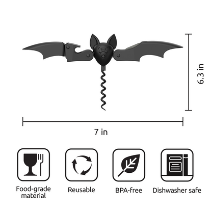 Vino bat-shaped OTOTO corkscrew, wings spread, 7″ wide, 6.3″ tall; food-safe icons below.