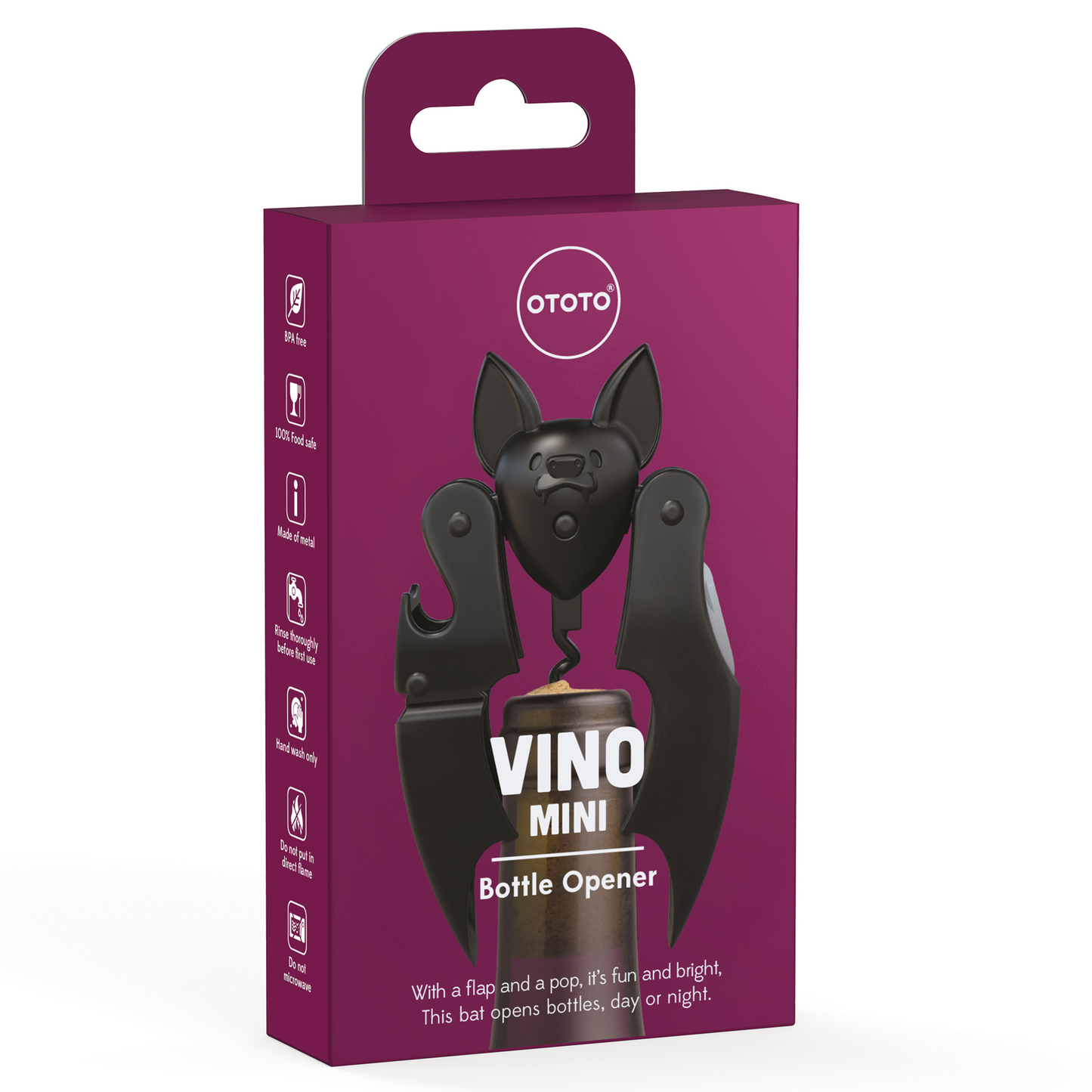 Purple box with bat-shaped Vino corkscrew by OTOTO; black bottle opener displayed on front.