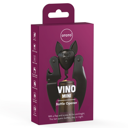 Purple box with bat-shaped Vino corkscrew by OTOTO; black bottle opener displayed on front.