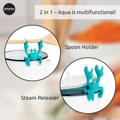 Aqua, the blue crab-shaped silicone utensil rest by OTOTO, sits on your pot as a fun accessory.