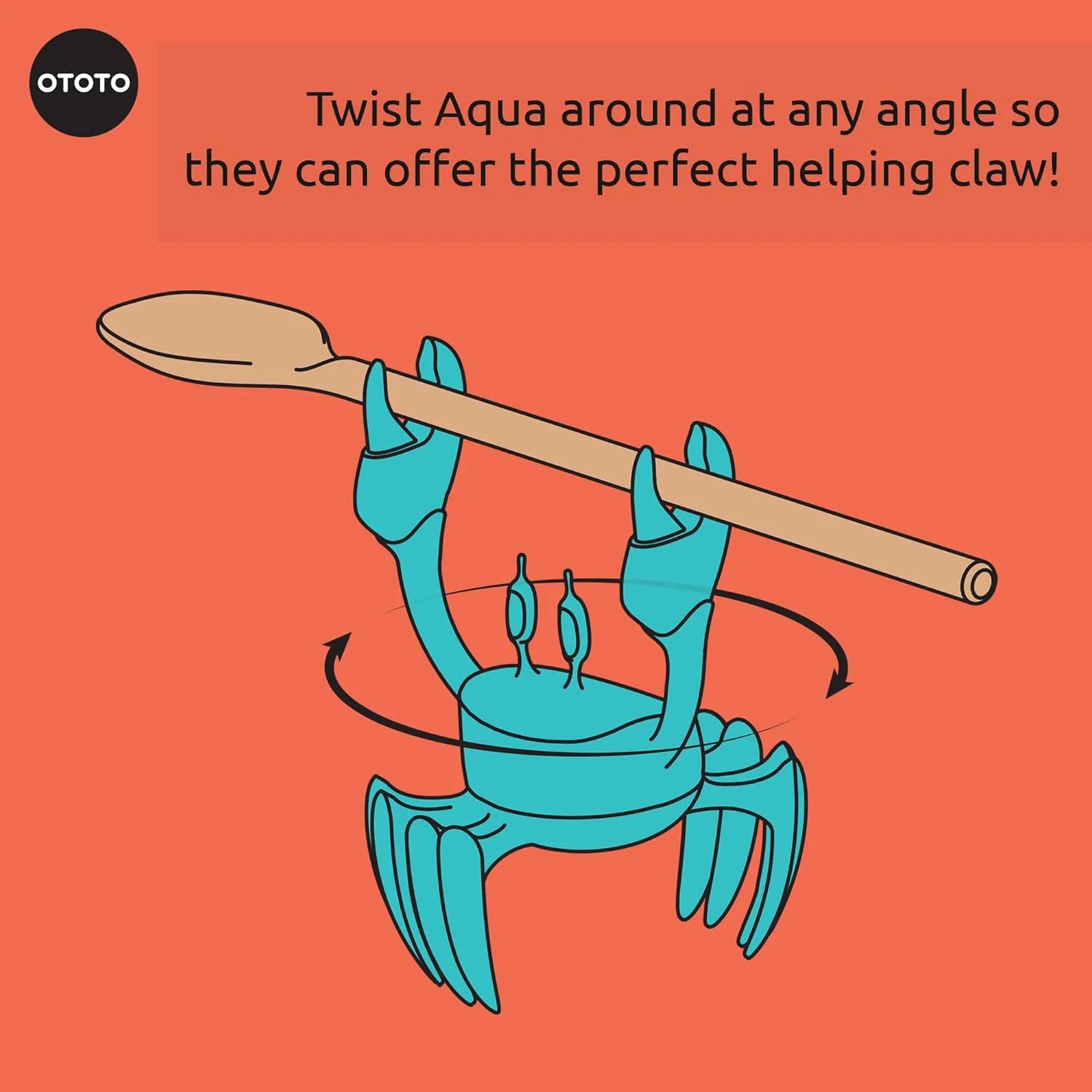 Aqua, the blue crab-shaped OTOTO accessory, grips and rotates spoons to help with cooking.