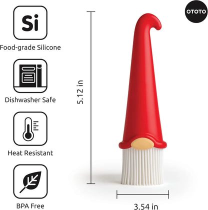 Gnomeo red silicone pastry brush—food-grade, BPA free, heat resistant, dishwasher safe.