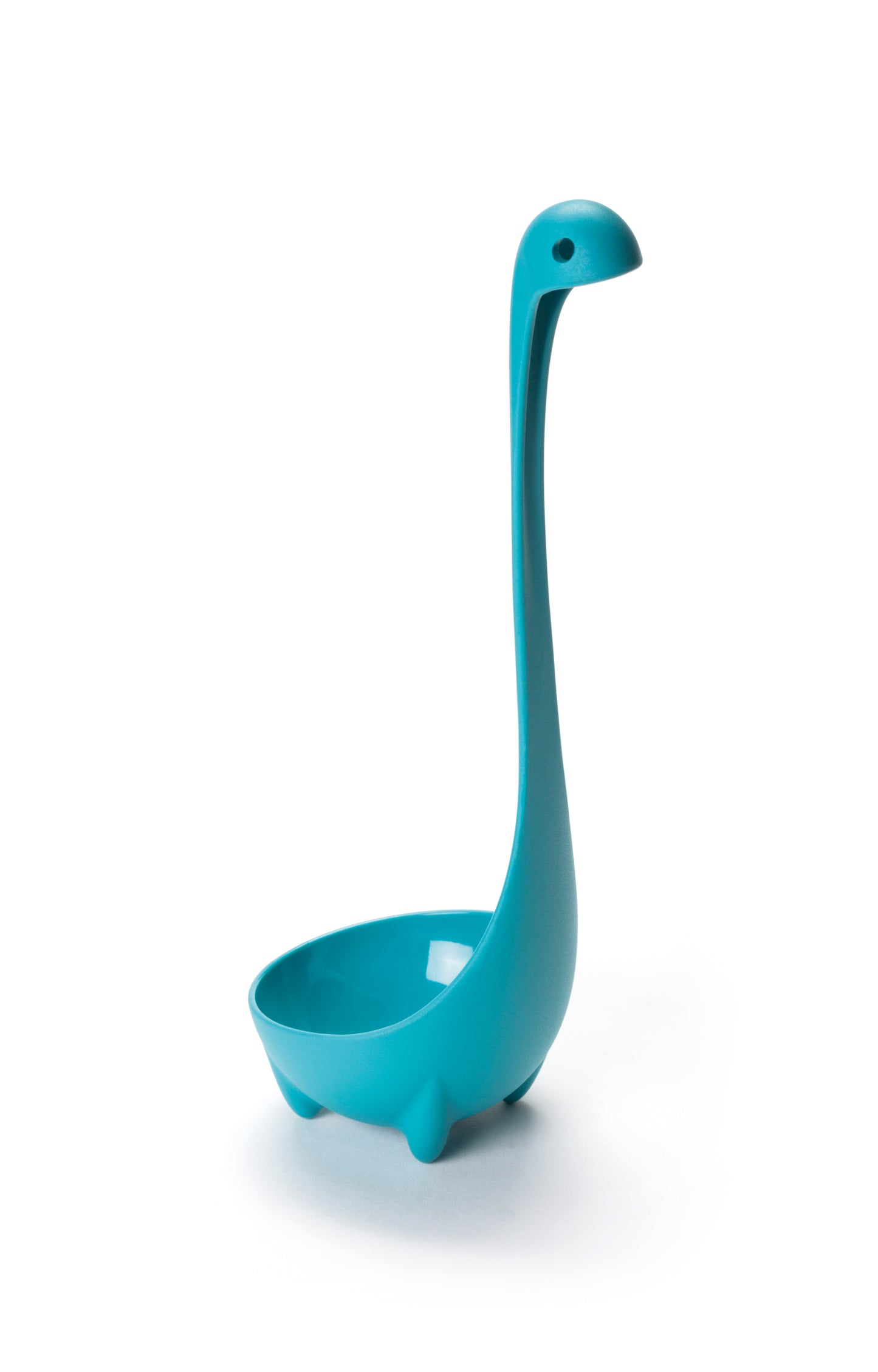 Nessie: a jumbo OTOTO soup ladle shaped like a dinosaur, with a long neck and four small legs.