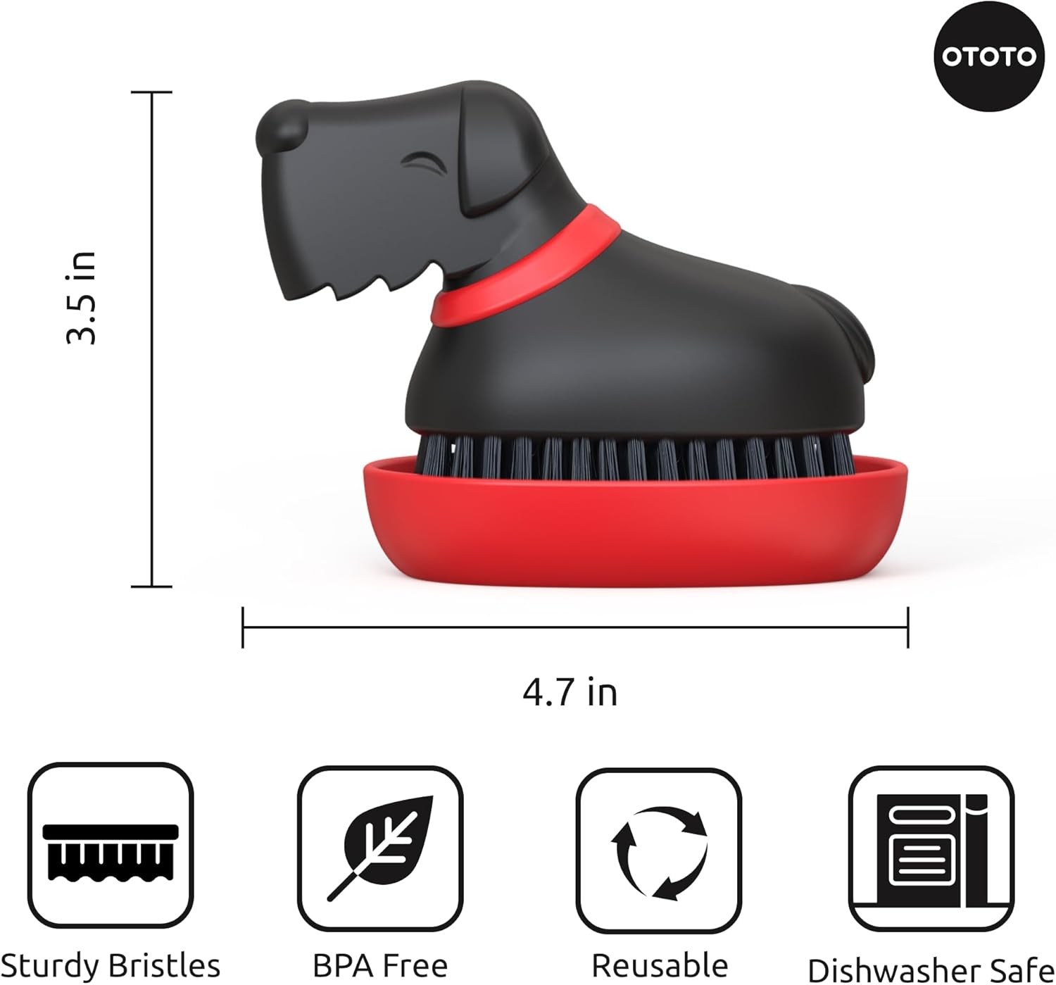 Oscar Dish Brush, 3.5" tall, BPA free, dishwasher safe, black and red bristles.