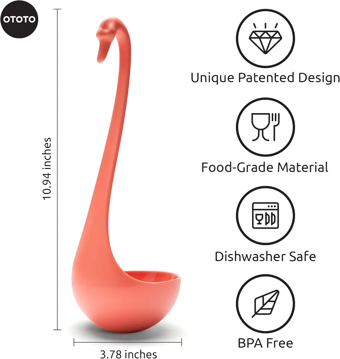 Swanky coral pink floating ladle features a long neck plus elegant design and safety highlights.