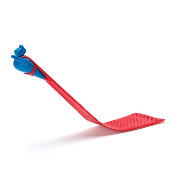 Pan Man red spatula with a dishwasher-safe, blue, person-shaped handle.